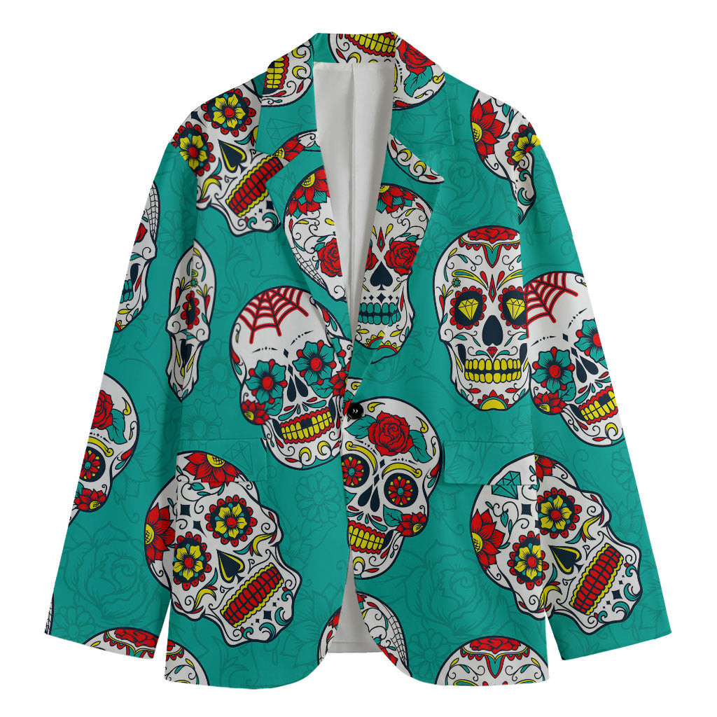 Teal Sugar Skull Pattern Print Men's Cotton Blazer