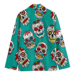 Teal Sugar Skull Pattern Print Men's Cotton Blazer