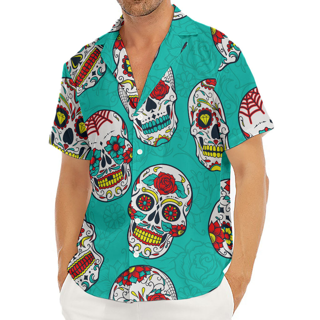 Teal Sugar Skull Pattern Print Men's Deep V-Neck Shirt