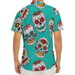 Teal Sugar Skull Pattern Print Men's Deep V-Neck Shirt