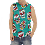 Teal Sugar Skull Pattern Print Men's Fitness Tank Top