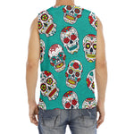 Teal Sugar Skull Pattern Print Men's Fitness Tank Top