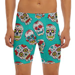 Teal Sugar Skull Pattern Print Men's Long Boxer Briefs