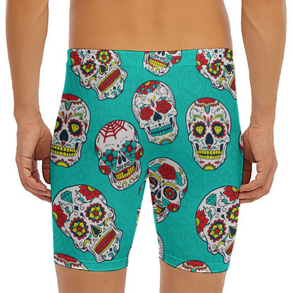 Teal Sugar Skull Pattern Print Men's Long Boxer Briefs