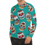 Teal Sugar Skull Pattern Print Men's Long Sleeve Rash Guard