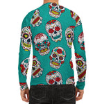 Teal Sugar Skull Pattern Print Men's Long Sleeve Rash Guard