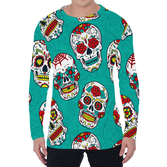 Teal Sugar Skull Pattern Print Men's Long Sleeve T-Shirt