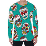 Teal Sugar Skull Pattern Print Men's Long Sleeve T-Shirt