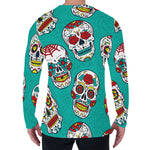 Teal Sugar Skull Pattern Print Men's Long Sleeve T-Shirt