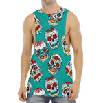 Teal Sugar Skull Pattern Print Men's Muscle Tank Top