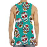 Teal Sugar Skull Pattern Print Men's Muscle Tank Top