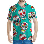 Teal Sugar Skull Pattern Print Men's Polo Shirt