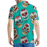 Teal Sugar Skull Pattern Print Men's Polo Shirt