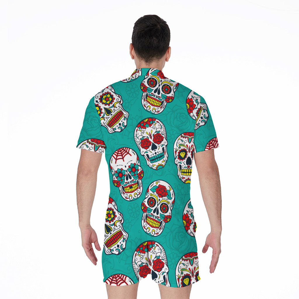 Teal Sugar Skull Pattern Print Men's Rompers