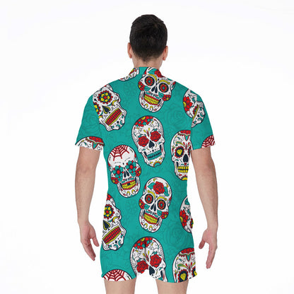 Teal Sugar Skull Pattern Print Men's Rompers