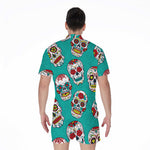 Teal Sugar Skull Pattern Print Men's Rompers