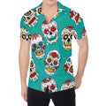 Teal Sugar Skull Pattern Print Men's Shirt