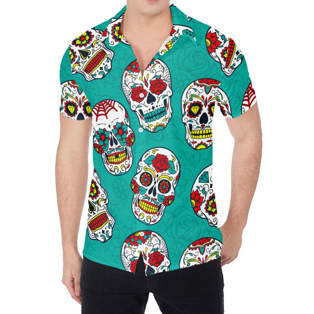 Teal Sugar Skull Pattern Print Men's Shirt
