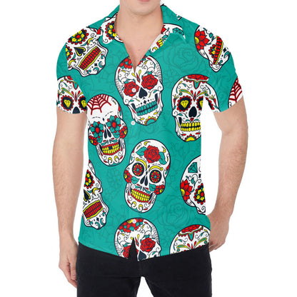 Teal Sugar Skull Pattern Print Men's Shirt