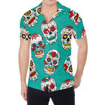 Teal Sugar Skull Pattern Print Men's Shirt