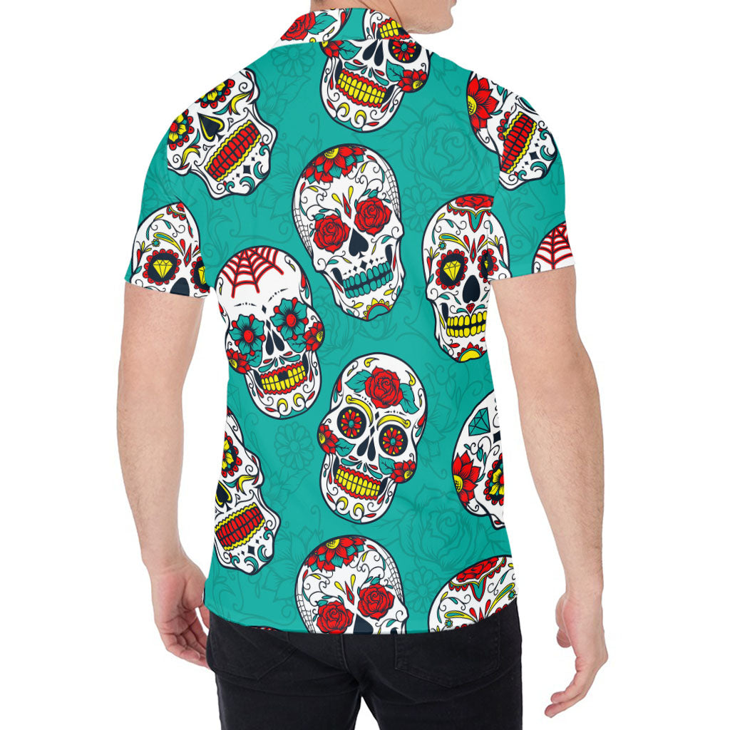 Teal Sugar Skull Pattern Print Men's Shirt