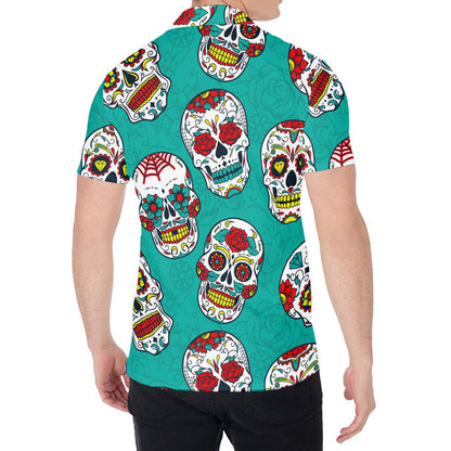 Teal Sugar Skull Pattern Print Men's Shirt