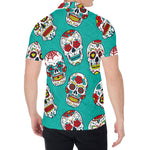 Teal Sugar Skull Pattern Print Men's Shirt