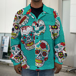 Teal Sugar Skull Pattern Print Men's Shirt Jacket