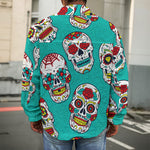 Teal Sugar Skull Pattern Print Men's Shirt Jacket