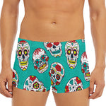 Teal Sugar Skull Pattern Print Men's Short Boxer Briefs