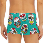 Teal Sugar Skull Pattern Print Men's Short Boxer Briefs