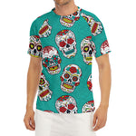 Teal Sugar Skull Pattern Print Men's Short Sleeve Rash Guard