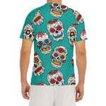 Teal Sugar Skull Pattern Print Men's Short Sleeve Rash Guard