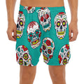 Teal Sugar Skull Pattern Print Men's Split Running Shorts