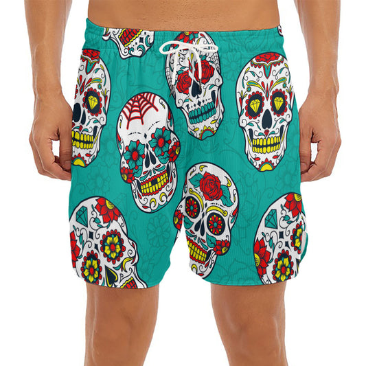 Teal Sugar Skull Pattern Print Men's Split Running Shorts