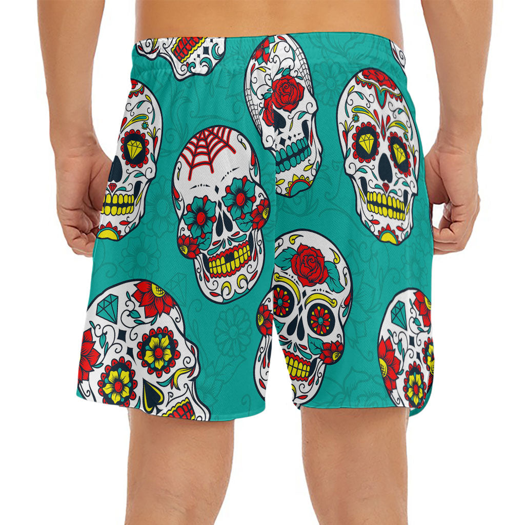 Teal Sugar Skull Pattern Print Men's Split Running Shorts