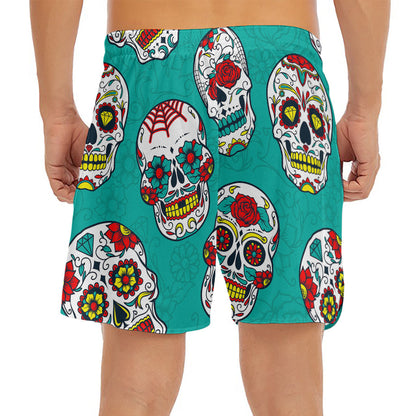 Teal Sugar Skull Pattern Print Men's Split Running Shorts