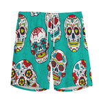 Teal Sugar Skull Pattern Print Men's Sports Shorts