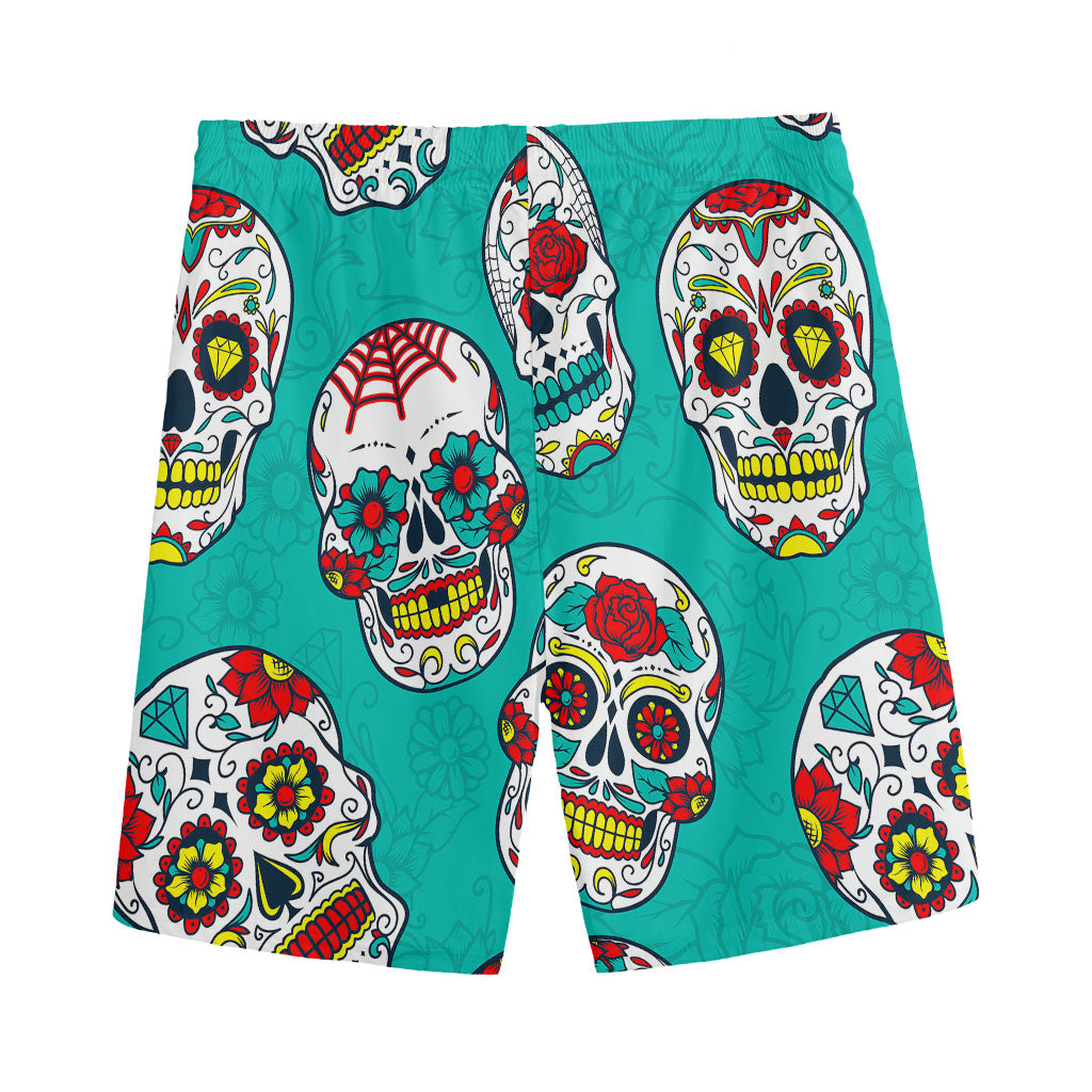 Teal Sugar Skull Pattern Print Men's Sports Shorts