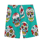 Teal Sugar Skull Pattern Print Men's Sports Shorts