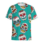 Teal Sugar Skull Pattern Print Men's Sports T-Shirt