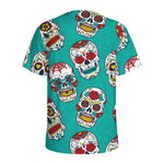 Teal Sugar Skull Pattern Print Men's Sports T-Shirt