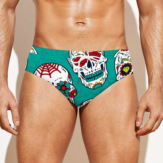 Teal Sugar Skull Pattern Print Men's Swim Briefs