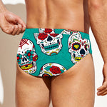 Teal Sugar Skull Pattern Print Men's Swim Briefs