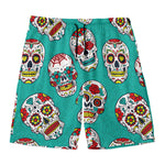 Teal Sugar Skull Pattern Print Men's Swim Trunks