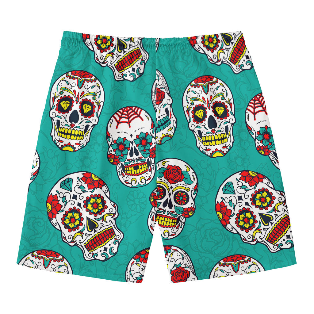 Teal Sugar Skull Pattern Print Men's Swim Trunks