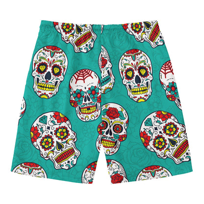 Teal Sugar Skull Pattern Print Men's Swim Trunks