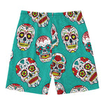 Teal Sugar Skull Pattern Print Men's Swim Trunks
