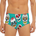 Teal Sugar Skull Pattern Print Men's Triangle Swim Briefs