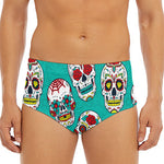 Teal Sugar Skull Pattern Print Men's Triangle Swim Briefs